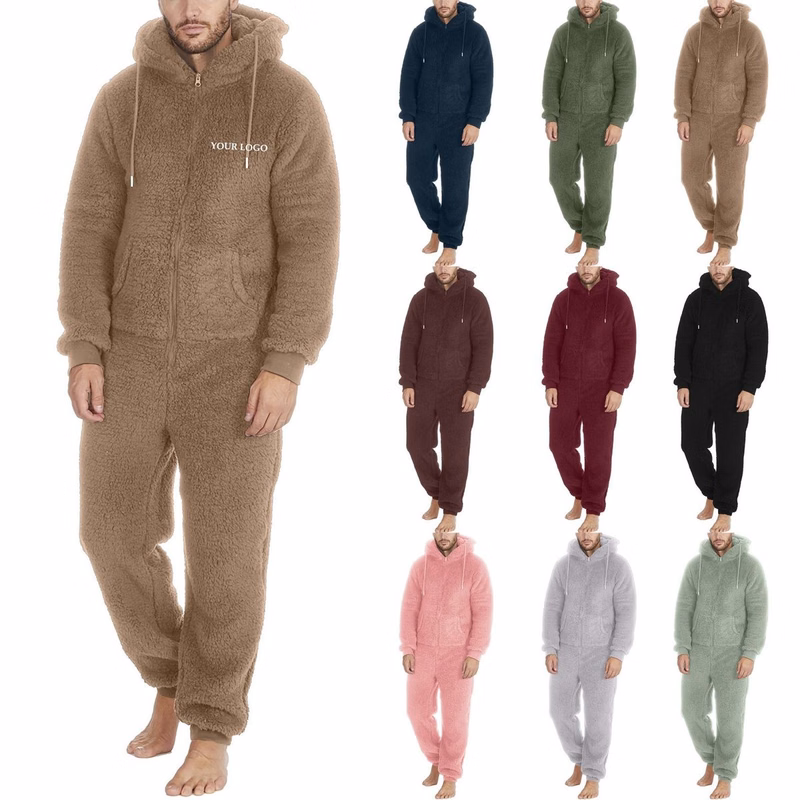 Men's Couple Zippered Warm Plush Jumpsuit Warm Pajamas Overall Sleepwear