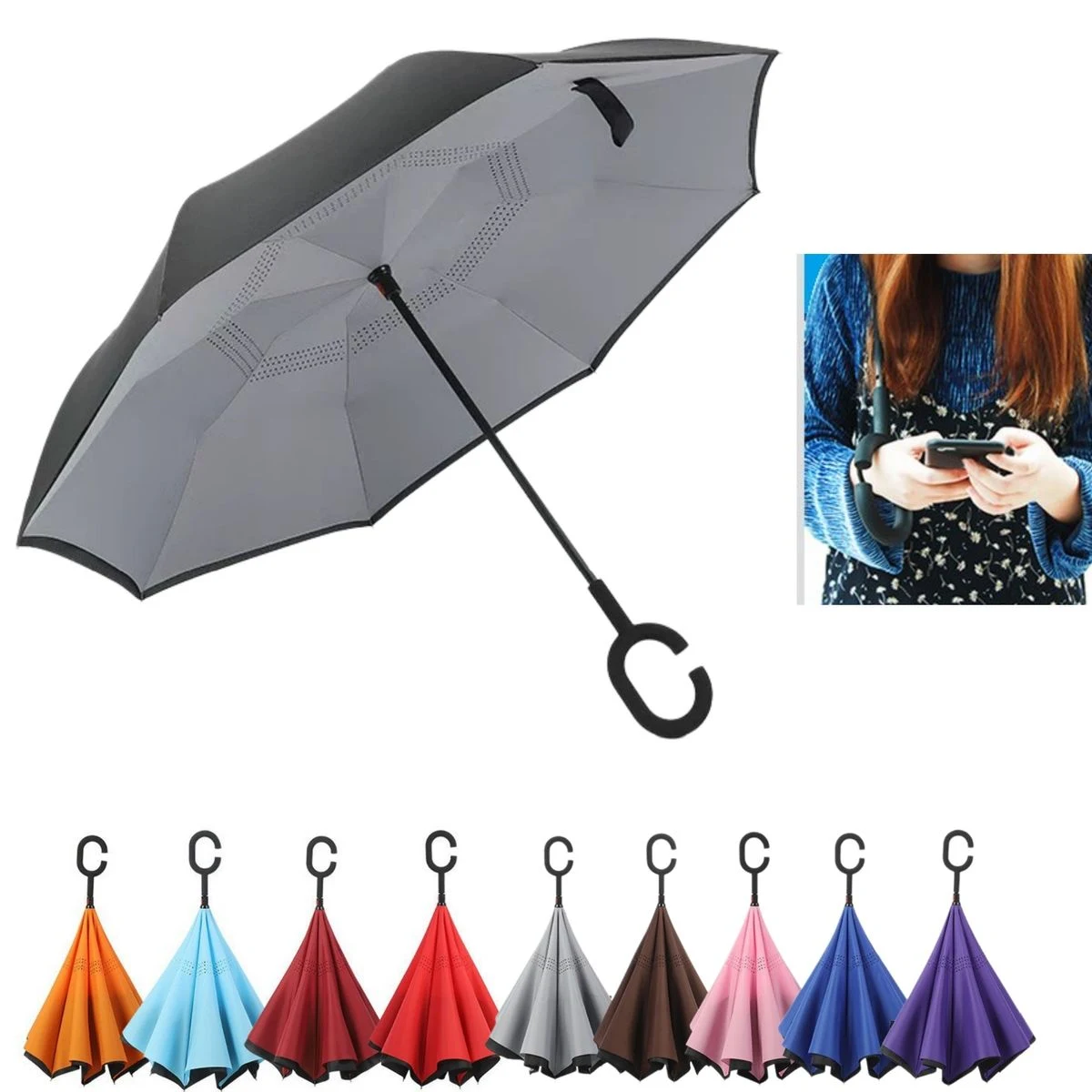 Double Layer Waterproof Folding Reverse Inverted Umbrella 1