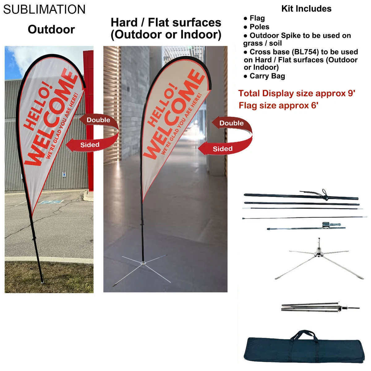 9' Small Tear Drop Flag Kit, Full Color Graphics Double Sided, Outdoor Spike base, Indoor Cross Base 1