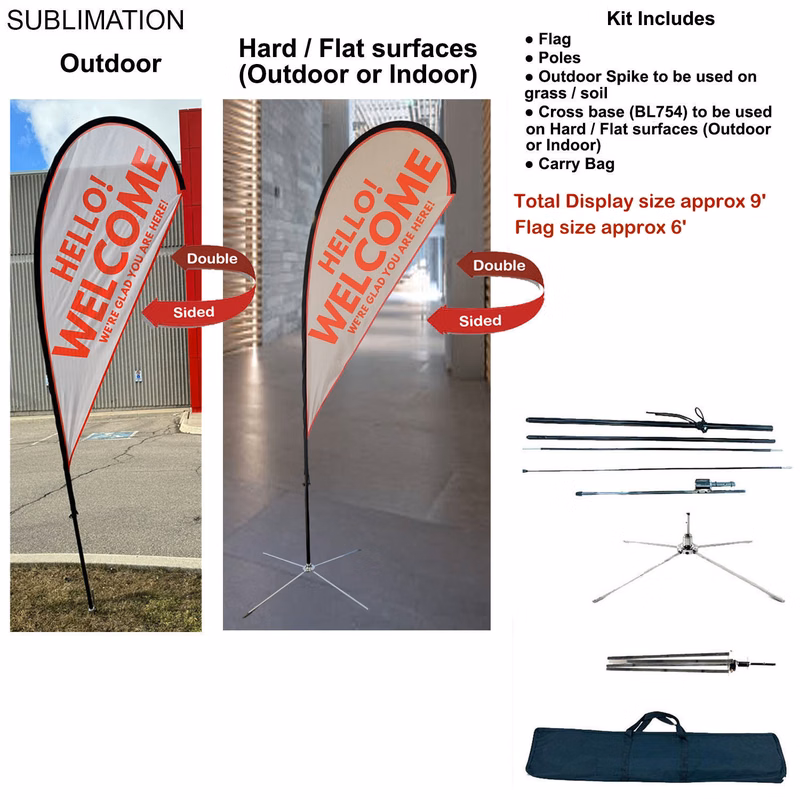 9' Small Tear Drop Flag Kit, Full Color Graphics Double Sided, Outdoor Spike base, Indoor Cross Base