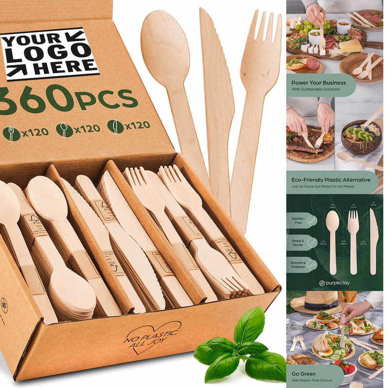 Wooden Compostable Utensils Set - 360 Pieces