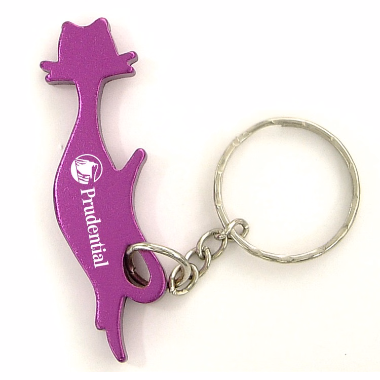 Cat shape bottle opener with key chain.