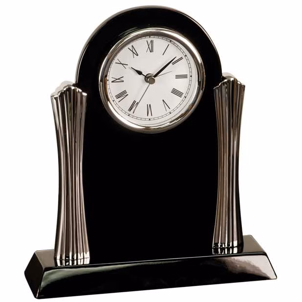 Black Piano Finish Clock with Silver Columns with an engraved plate.