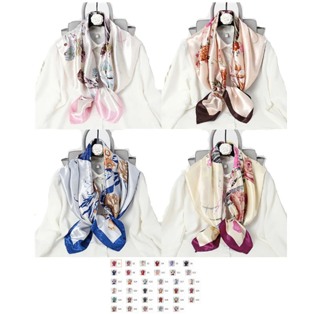 Lady's Satin Floral Printing Square Shawl 1