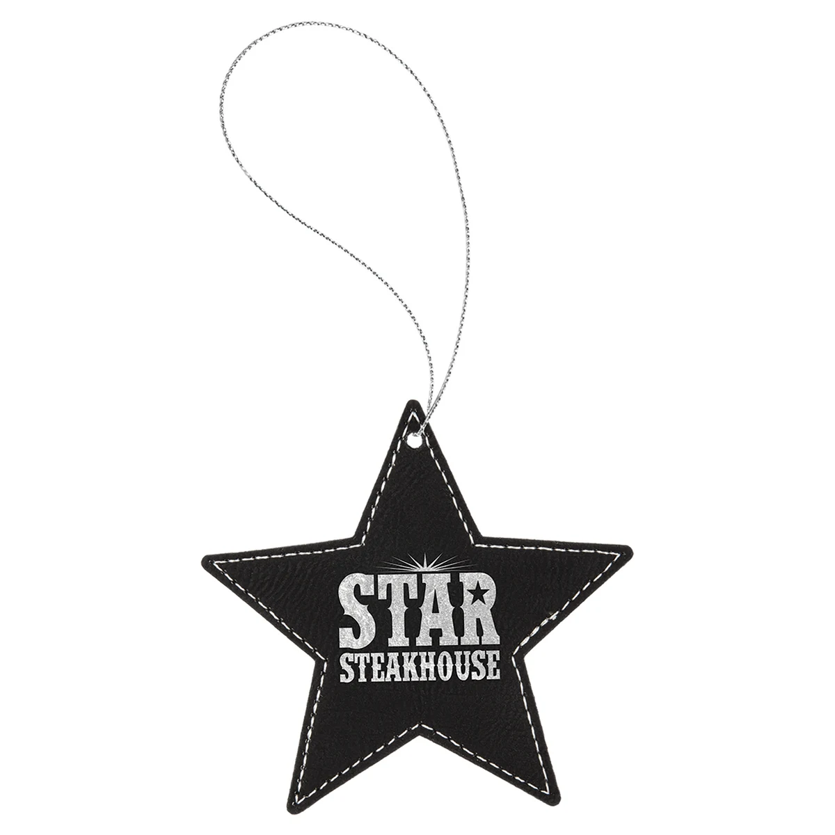 Black & Silver Laserable Leatherette Star Ornament w/Silver String 1
