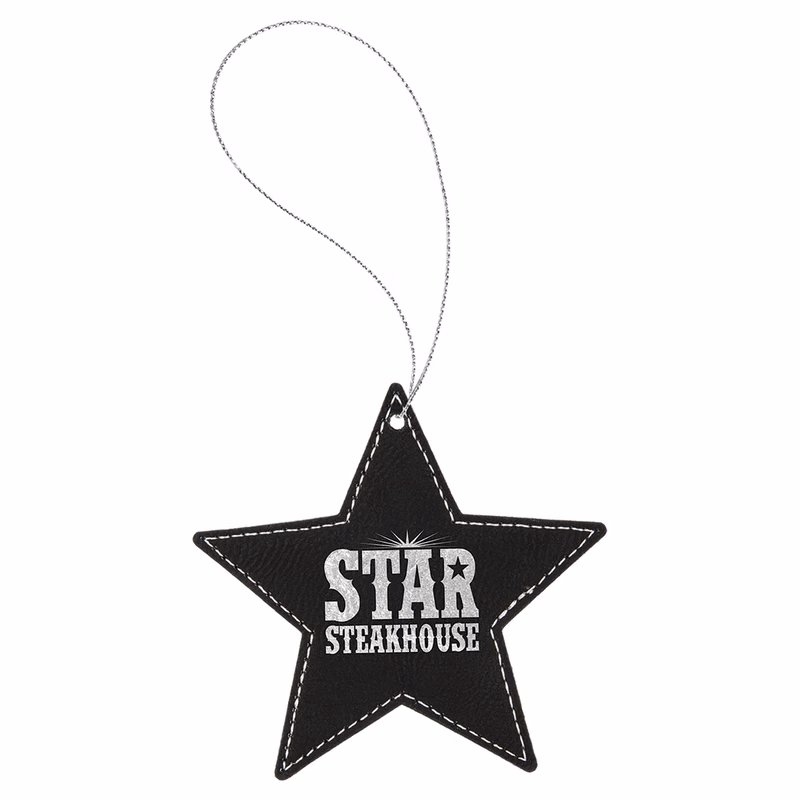 Black & Silver Laserable Leatherette Star Ornament w/Silver String