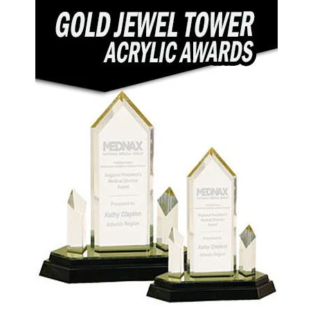 Acrylic Jewel Tower with 2 Diamond rods Gold 8.25" 1