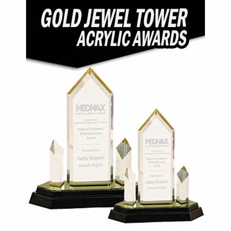 Acrylic Jewel Tower with 2 Diamond rods Gold 8.25"