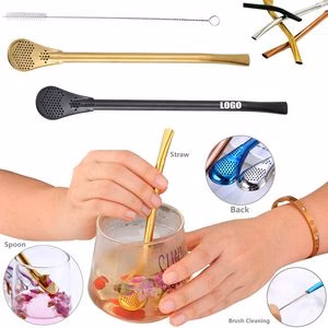 Reusable Stainless Steel Straws With Strainer Spoon Set