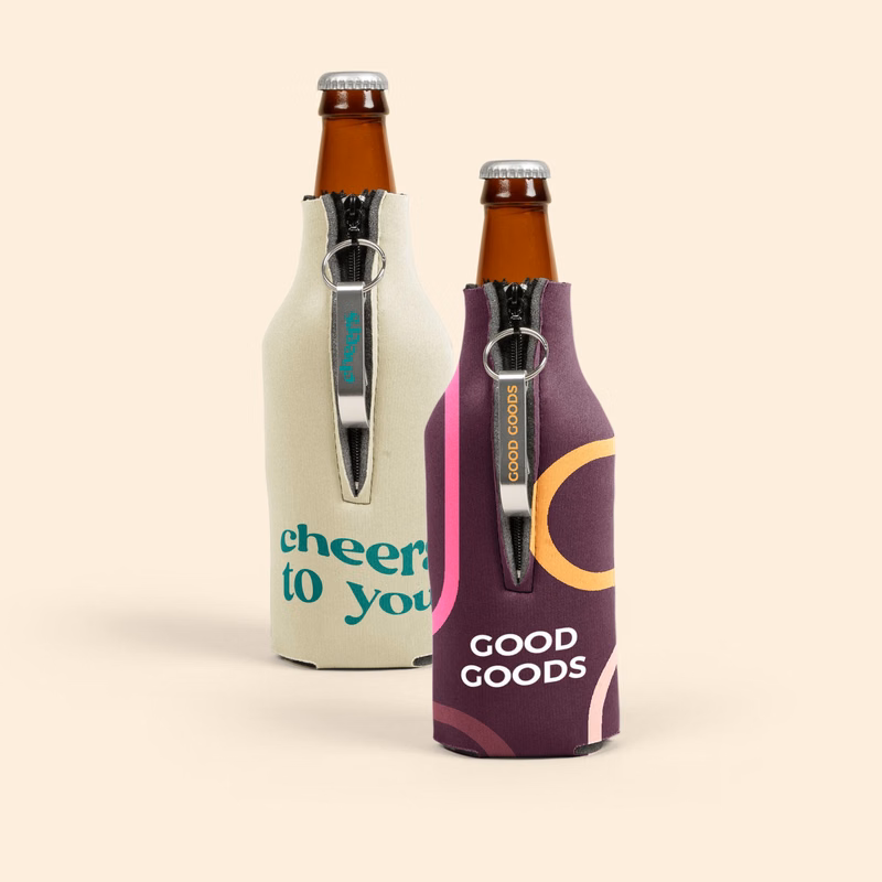 ZIPPERED BOTTLE COOLIE WITH IMPRINTED BOTTLE OPENER