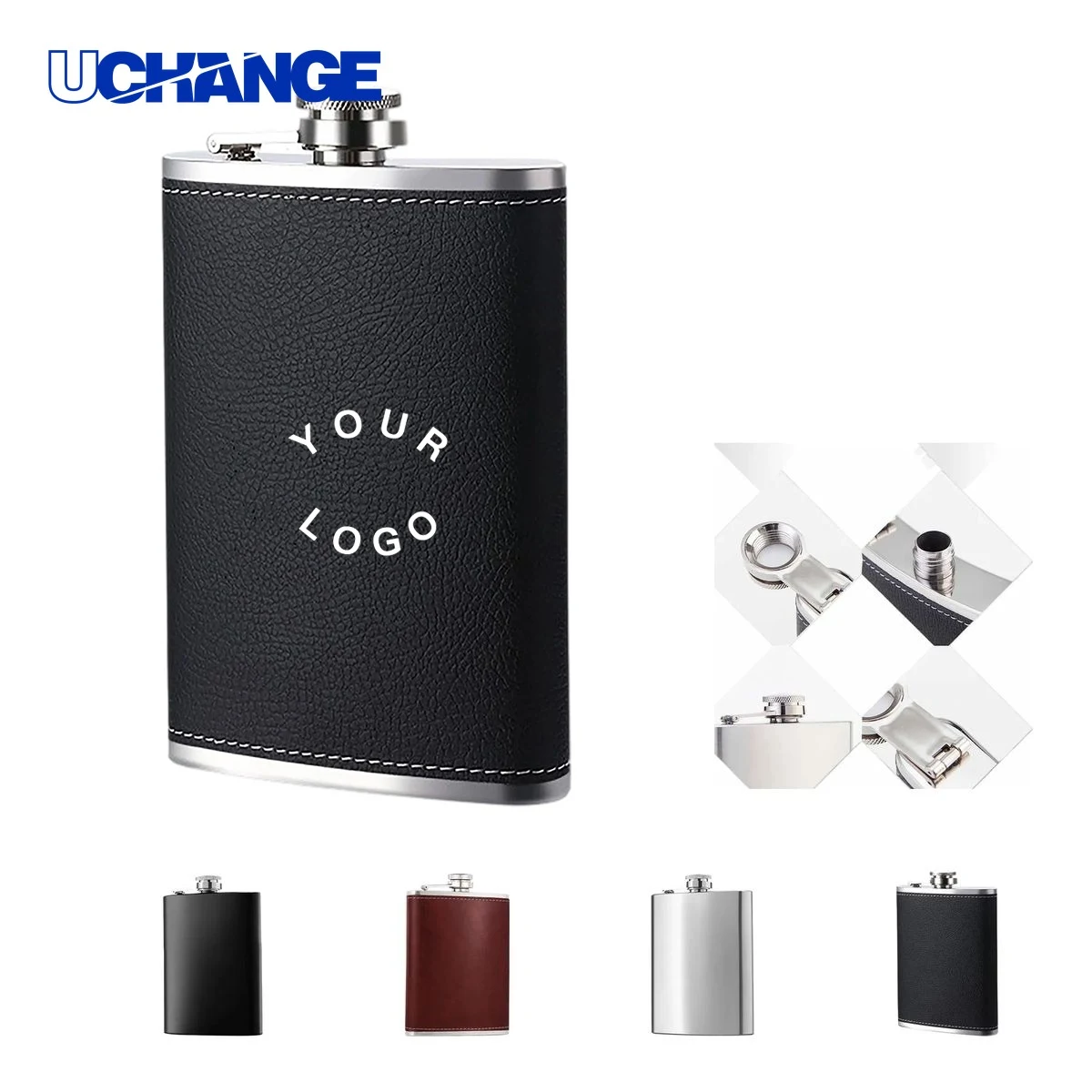 Stainless Steel Flask Bottle with Faux Leather Cover, custom water bottle with logo imprint 1