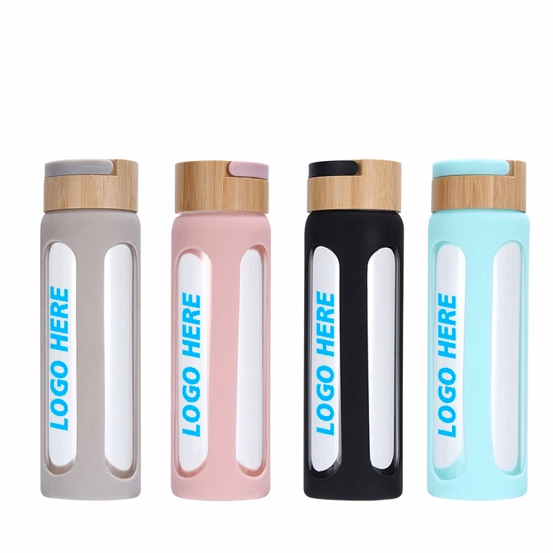 20oz Glass Bottles with Sleeve Silicone Sleeve, Bamboo Lid