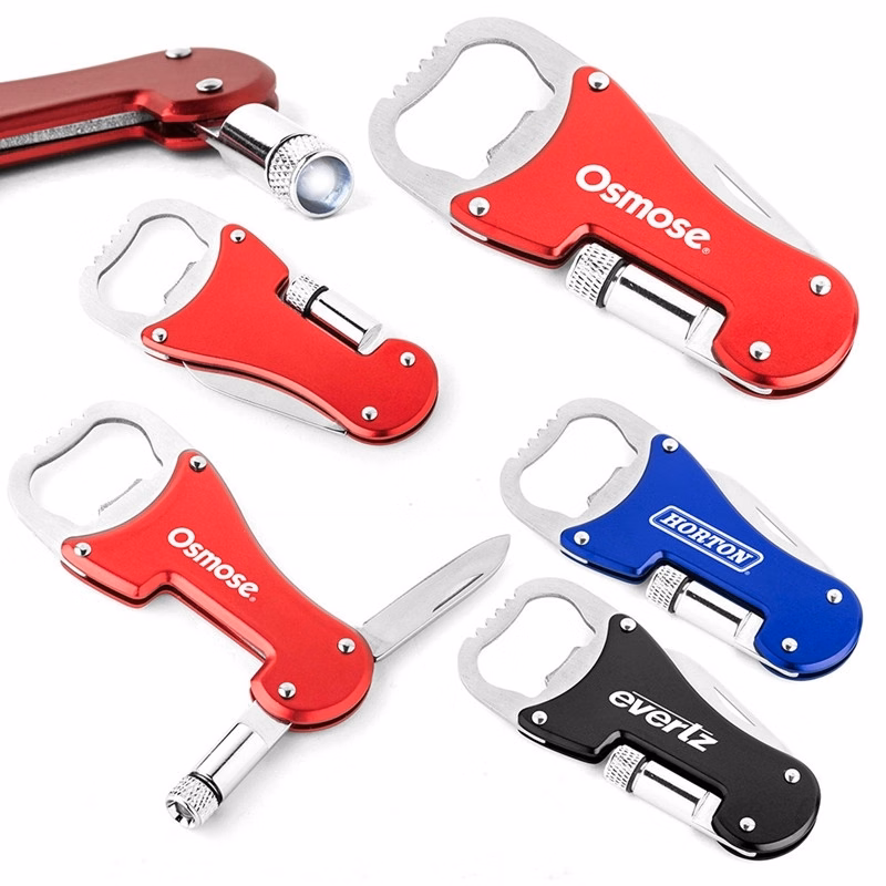 Multifunctional bottle opener with light and knife