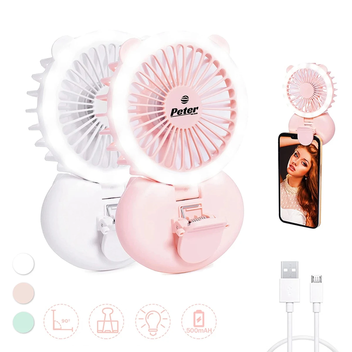 Handheld Mini Fan With Selfie Ring Light 1