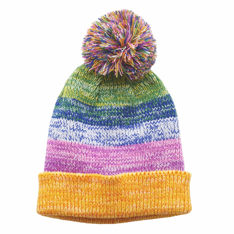 Multi-Color Knitted Pom Pom Beanie Hat
