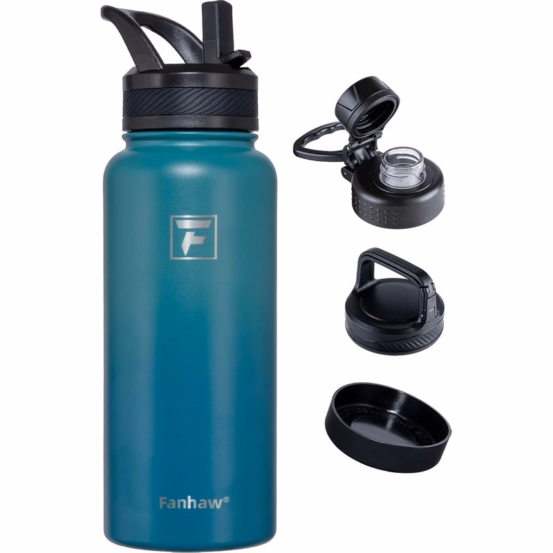 32 oz Insulated Water Bottle Portable Stainless Steel Flask with 3 Lids Straw, Spout, Carabiner