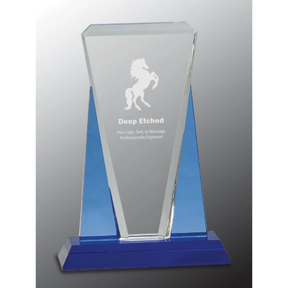 7" x 10" Blue/Clear Wedge Crystal Award on Blue Pedestal Base 1