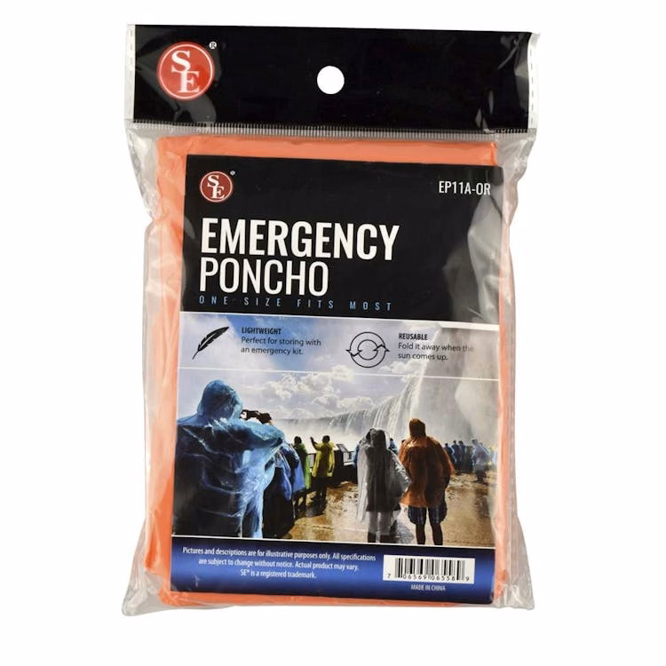 Water-Resistant Emergency Poncho with Hood - Orange