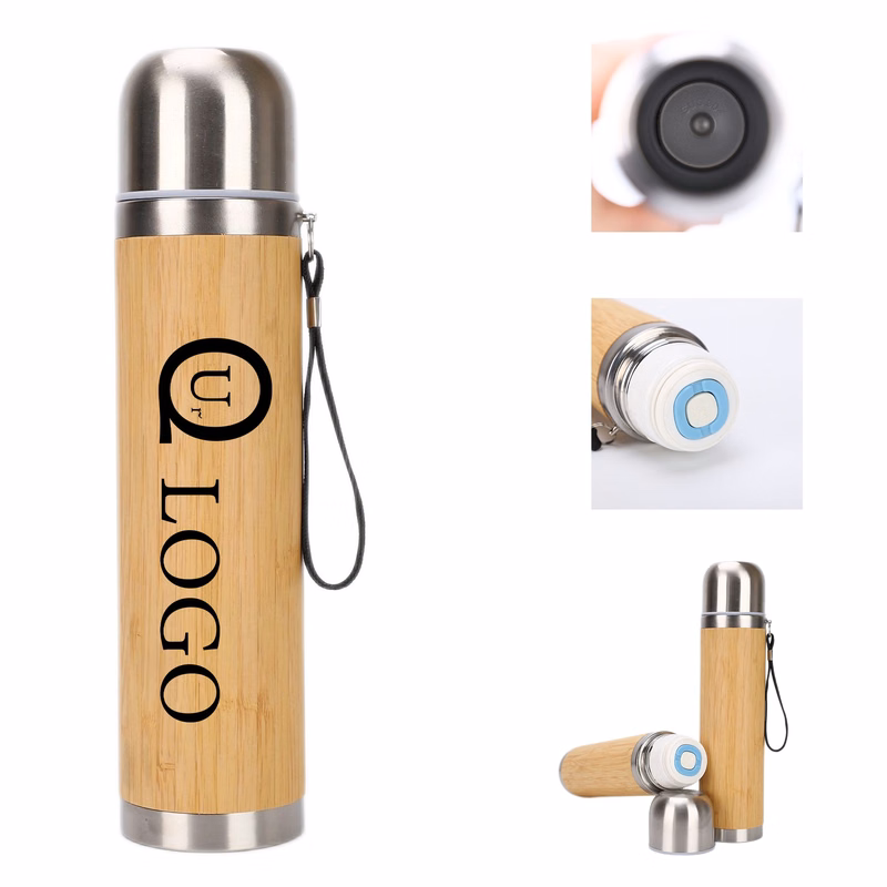Portable Double-Layer Thermal Bamboo Brown Bottle