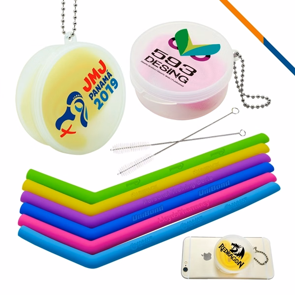 Custom Silicone Straws 10 Inch with Carrying Case — Full-Color Eco Portable Promo