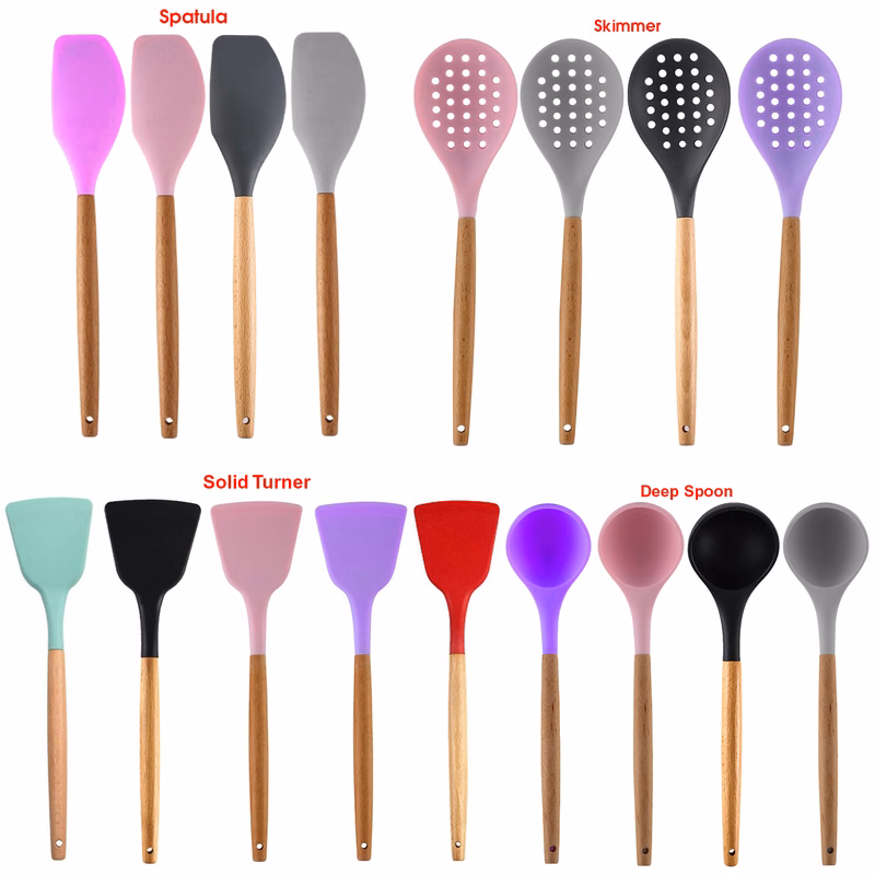 Silicone Cooking Or Serving Utensil With Wooden Handle