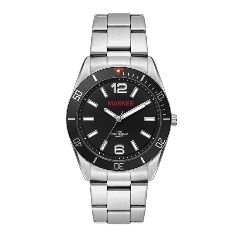 WC5187 22MM METAL MATTE SILVER CASE, 3 HAND MVMT, BLACK DIAL, BK ROTATING BEZEL, SILVER BRACELET, FLAT MINE 1