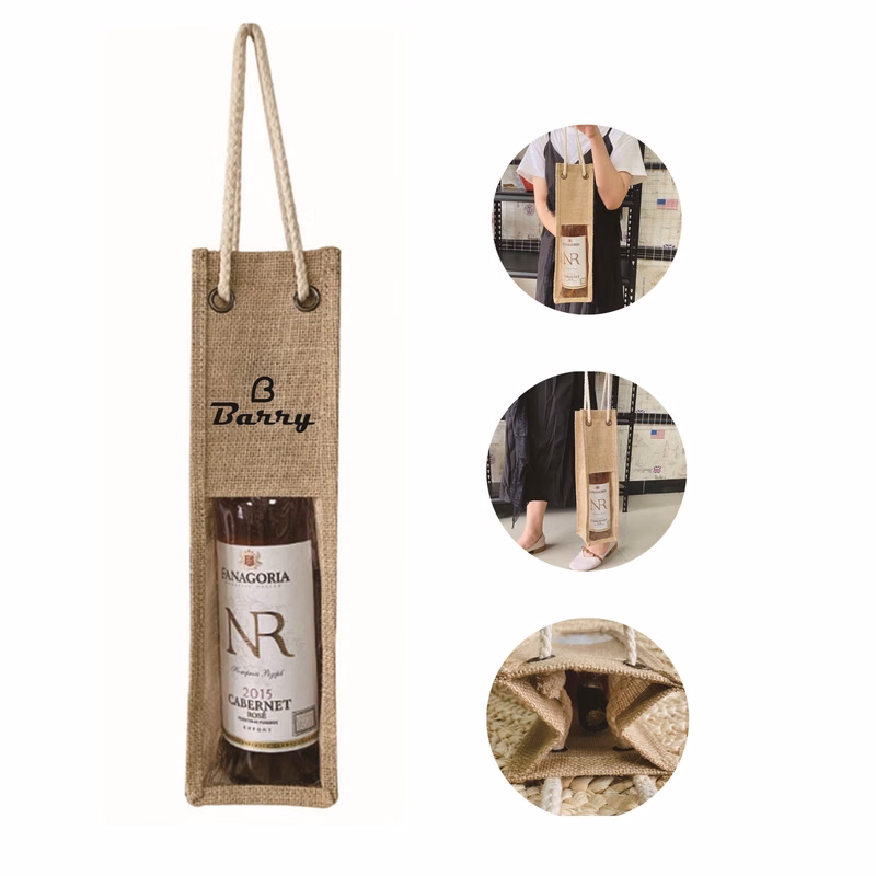 Reusable Jute Wine Bag With Clear Window/Wine Bottle Burlap