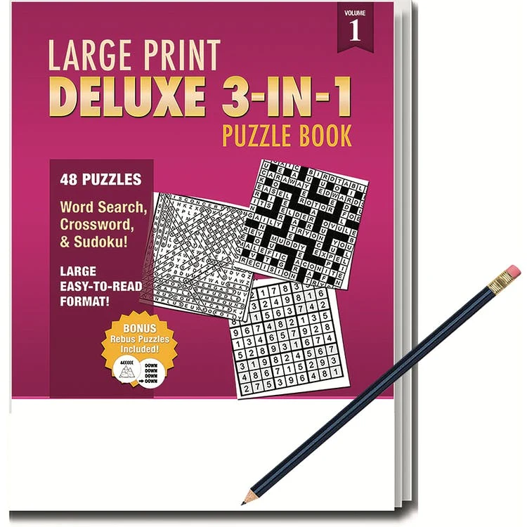 Deluxe 3-in-1 Puzzle Books - Large Print Pencil Included 1