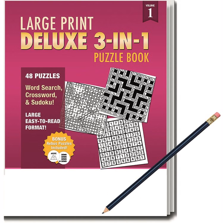 Deluxe 3-in-1 Puzzle Books - Large Print Pencil Included