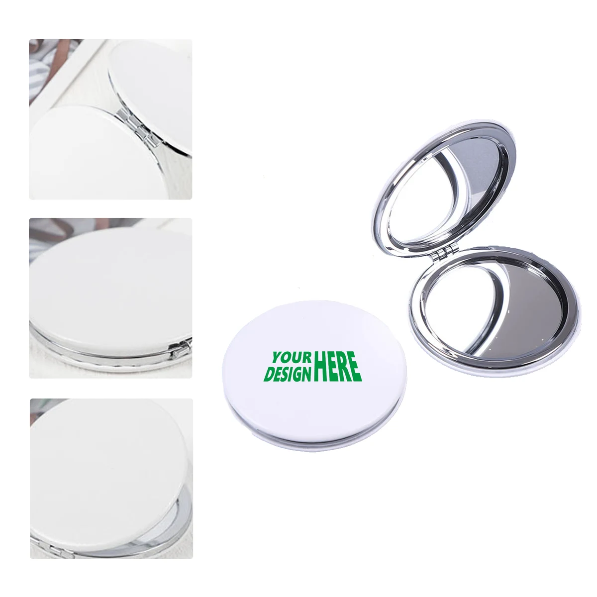 MOQ 50 White PU Folding Pocket Mirror Custom Logo Portable Makeup Mirror 1