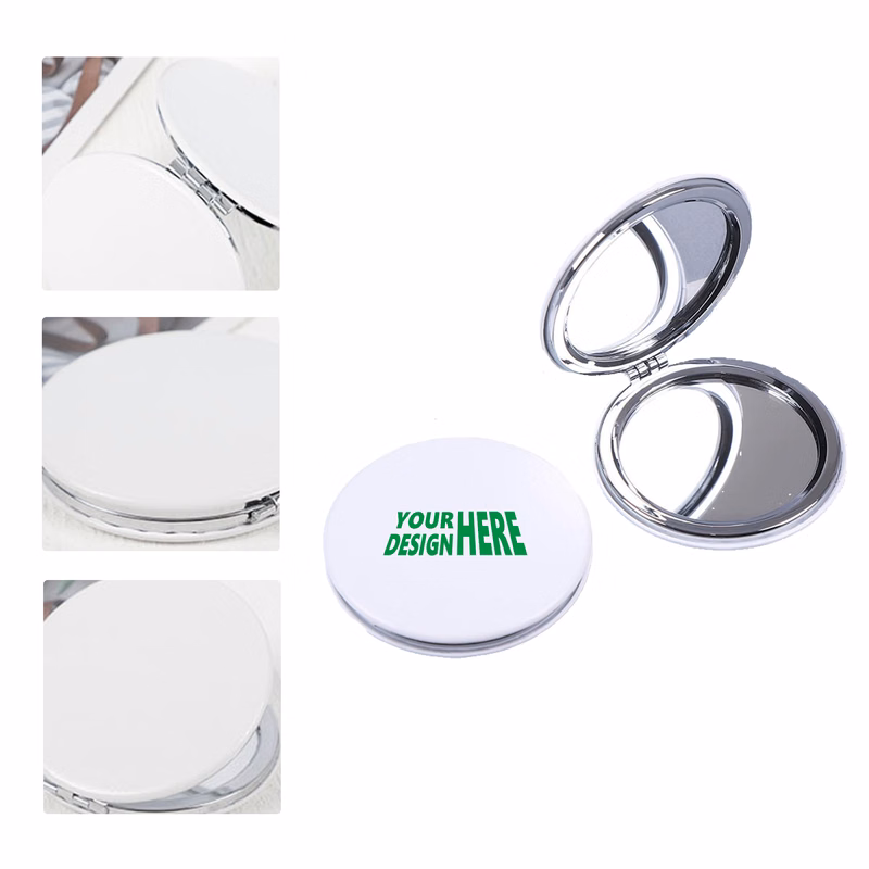 MOQ 50 White PU Folding Pocket Mirror Custom Logo Portable Makeup Mirror