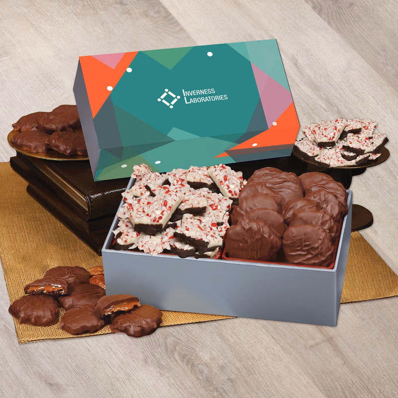 Peppermint Bark & Pecan Clusters in Gift Box with Green Geometric Sleeve