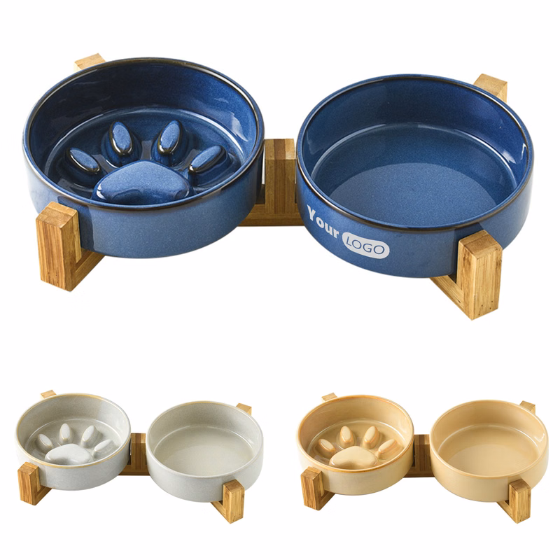 Ceramic Multi Functional Dual Bowl Pet With Wooden Frame