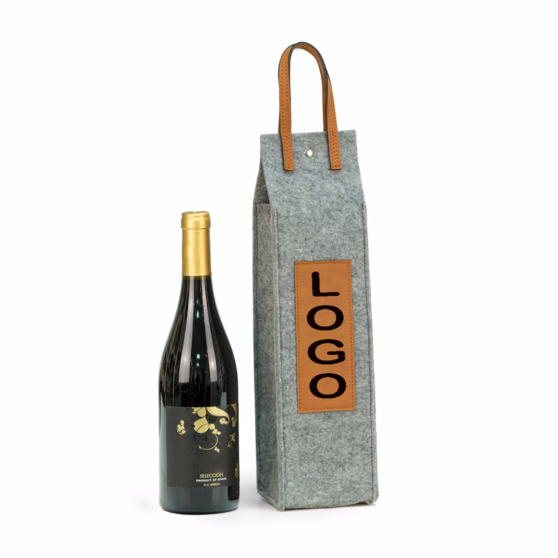 Grey Felt Single Wine Caddy with Camel Leatherette Handle