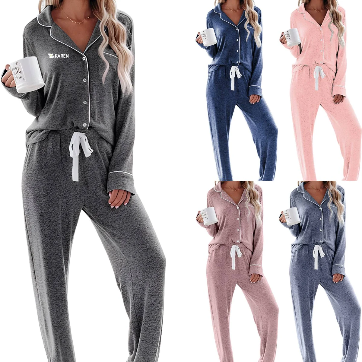 Women Long Sleeve Lapel Button Solid Color Pajama Set 1