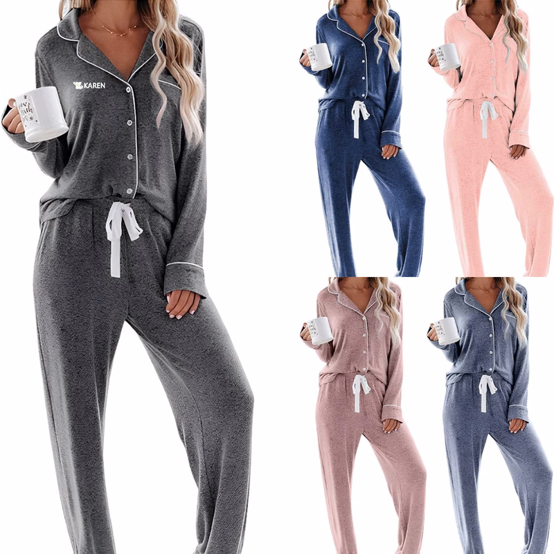 Women Long Sleeve Lapel Button Solid Color Pajama Set