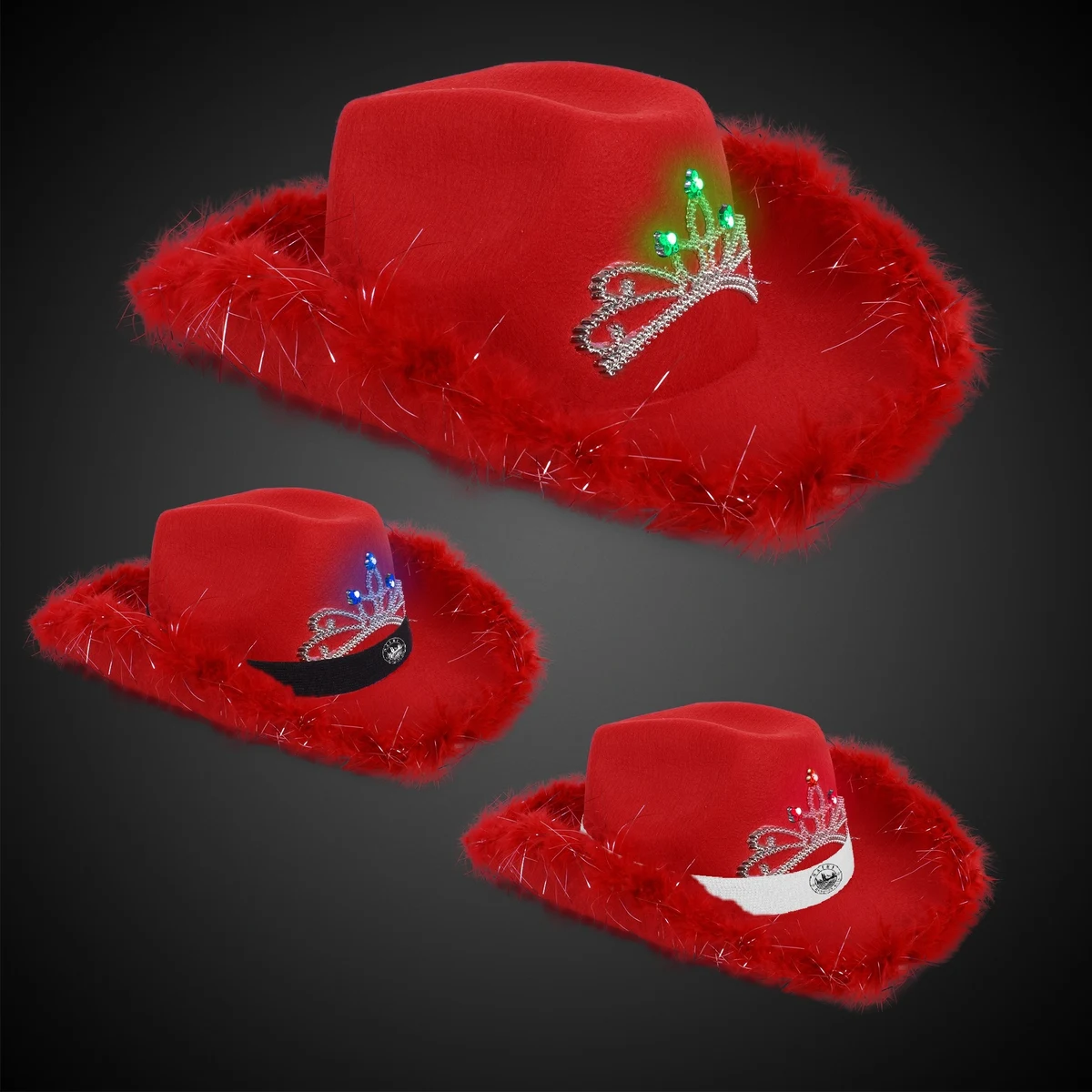 Red Light Up Cowboy Hat w/ Tiara and Feather(Blank) 1