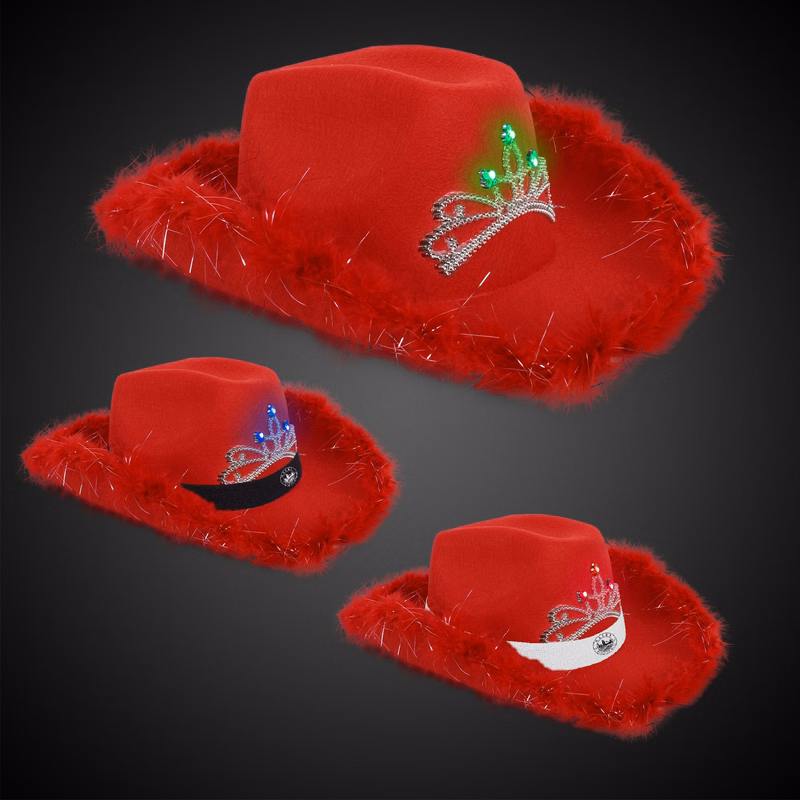 Red Light Up Cowboy Hat w/ Tiara and Feather(Blank)