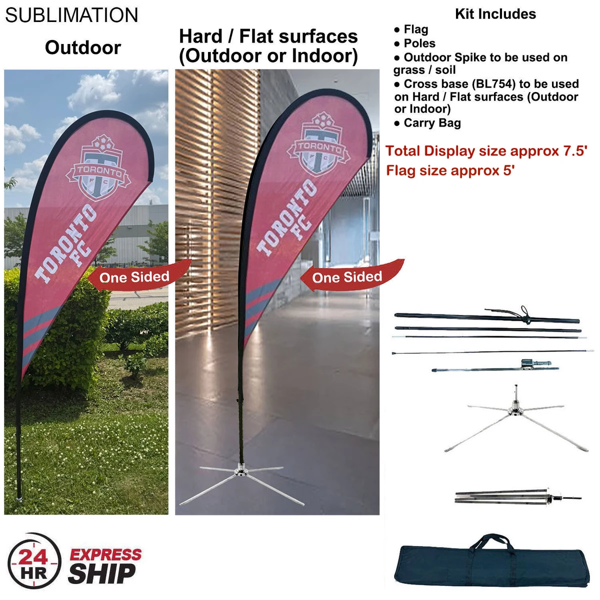 24H Express Ship- 7.5' Small Tear Drop Flag Kit, Full Color Graphic One Side, Outdoor & Indoor bases 1