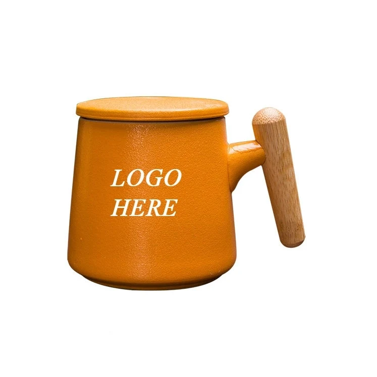 Custom 13.5oz bamboo handle ceramic mug with strainer 1