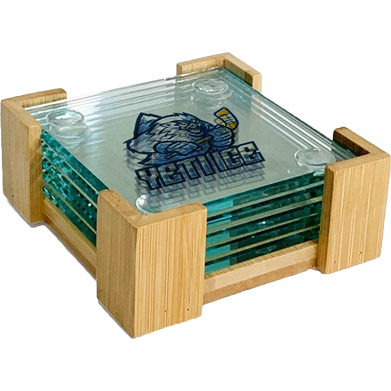 Square Glass Coasters: 5 Piece Set with Wood Stand