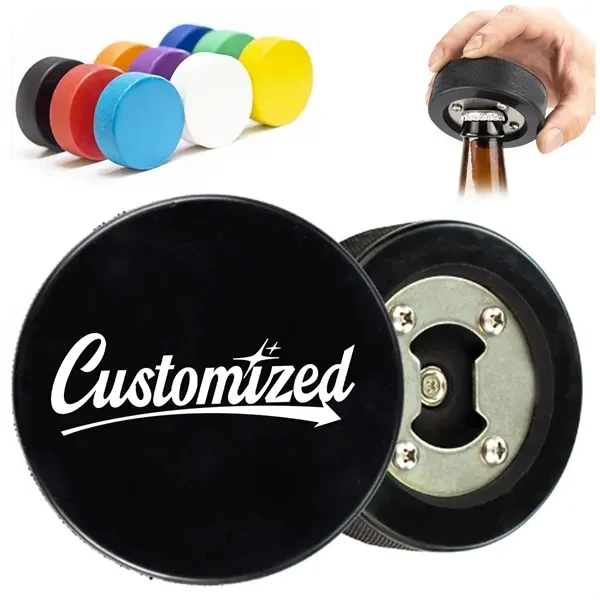 Custom Rubber Hockey Puck Bottle Opener with Metal Insert — Sports Team Giveaway 1