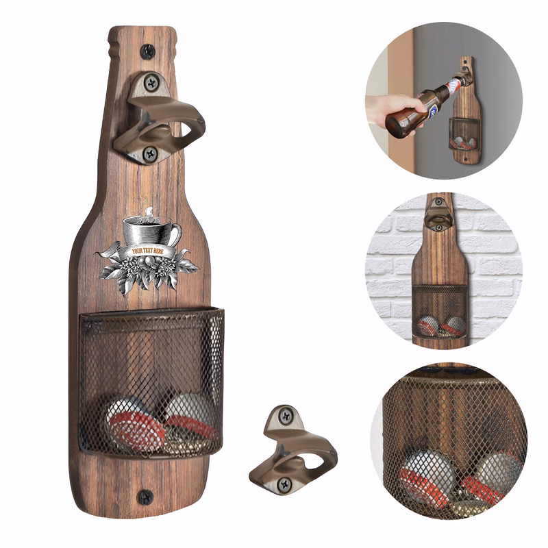 MOQ 50 Wooden Wall Mounted Bottle Opener With Cap Catcher