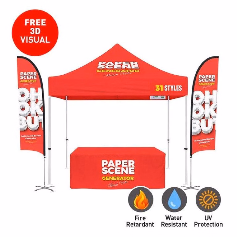 Trade Show Booth PACKAGE3 10' Canopy Tent + 6' Table Throw 3 Side + 12' Double Sided Flag Kit