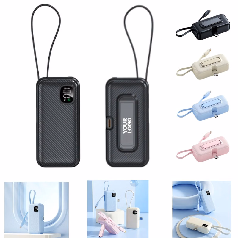 Slim Power Bank with Built in Cable and Stand