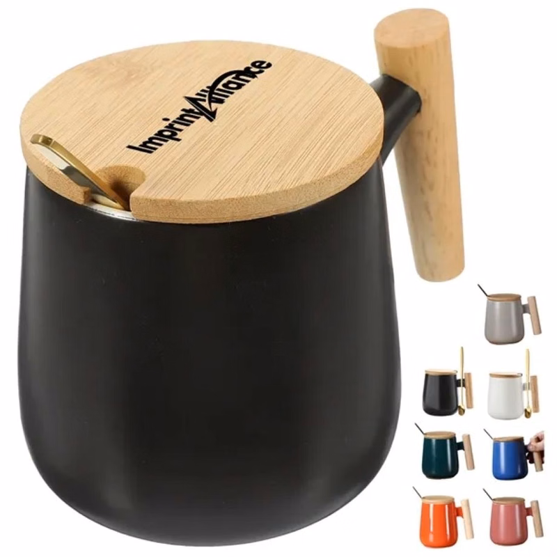 15 oz. Ceramic Coffee Mug with Bamboo Lid and Spoon