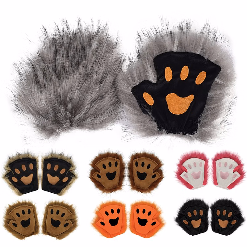 Wolf Paw Gloves Faux Fur Cat Fingerless Mittens Winter Warm