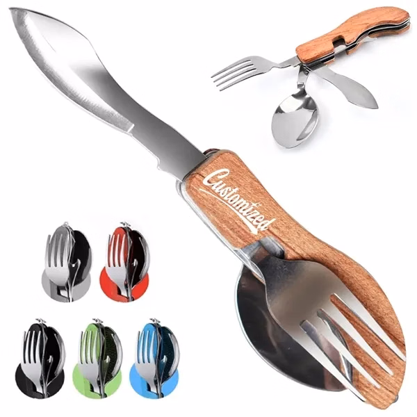 Custom Stainless Steel 3-in-1 Folding Utensil Set with Wood Handle — On-the-Go Dining Solution