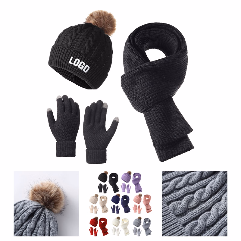 Acrylic Winter Knitted Beanie Hat Scarf Glove Set