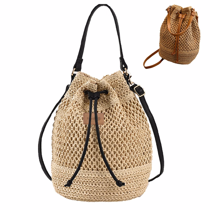 Jute Woven Beach Drawstring Hobo Bucket Purses Handbag